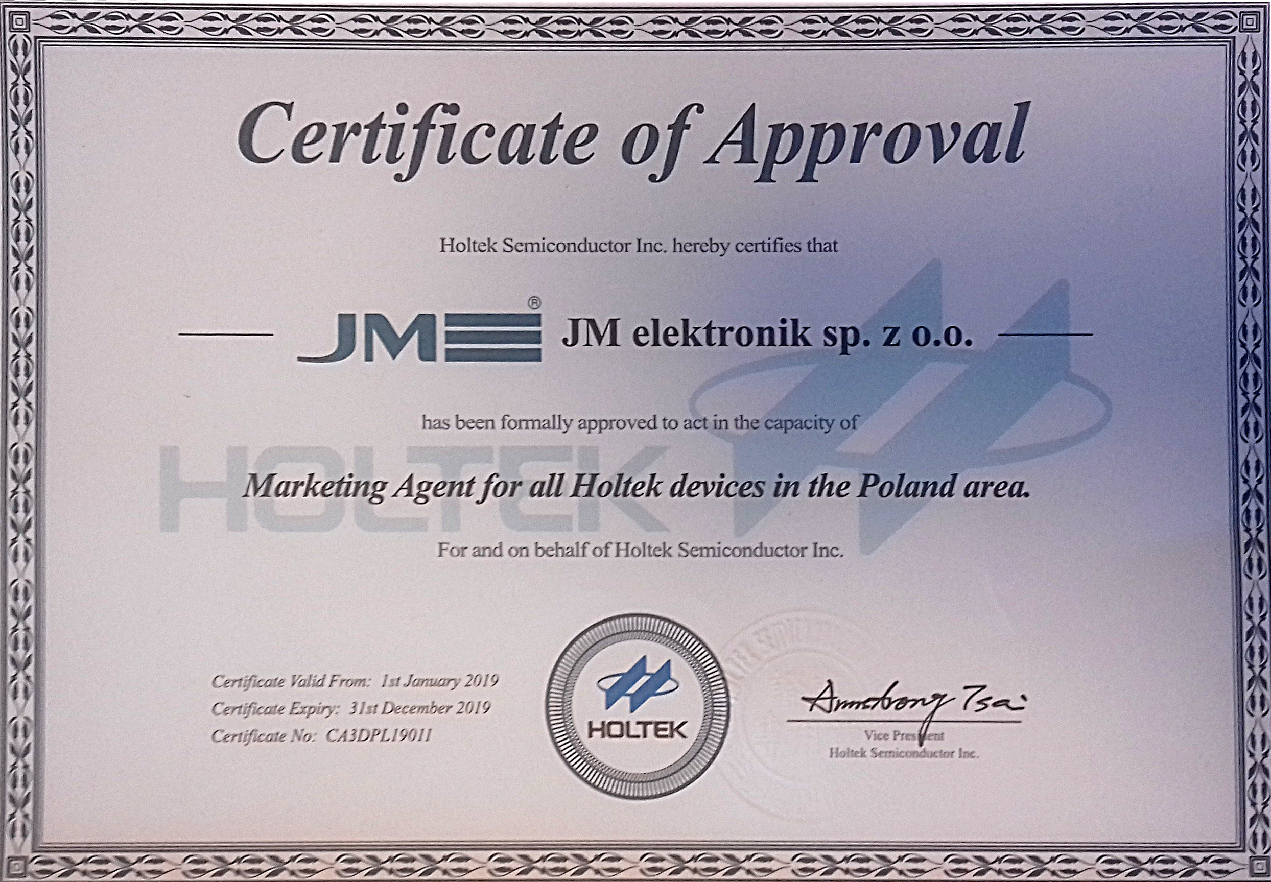 Certyfikat, Holtek, JM elektronik